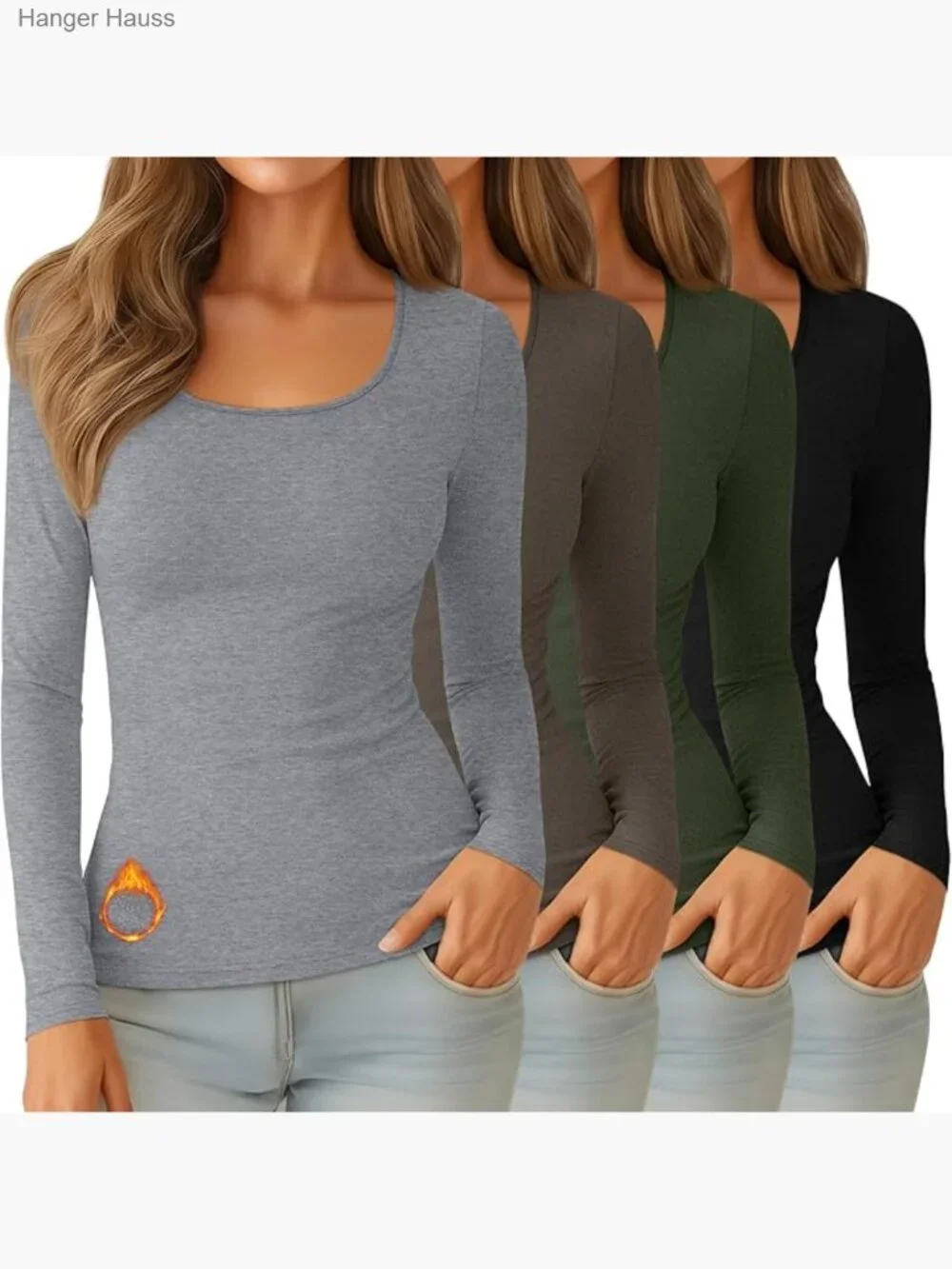 4 Pack Fleece Lined Thermal Tops Long Sleeve Scoop Neck Base Layer